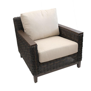 With an aluminum frame and extending, roasted pecan coloured resin wicker, this spacious lounge chair adds simplicity and beauty into any outdoor living space. With custom made cushions, relax into this deep comfortable deep seating. Measures 31.3in H x 32.1in W x 34.8in D. 