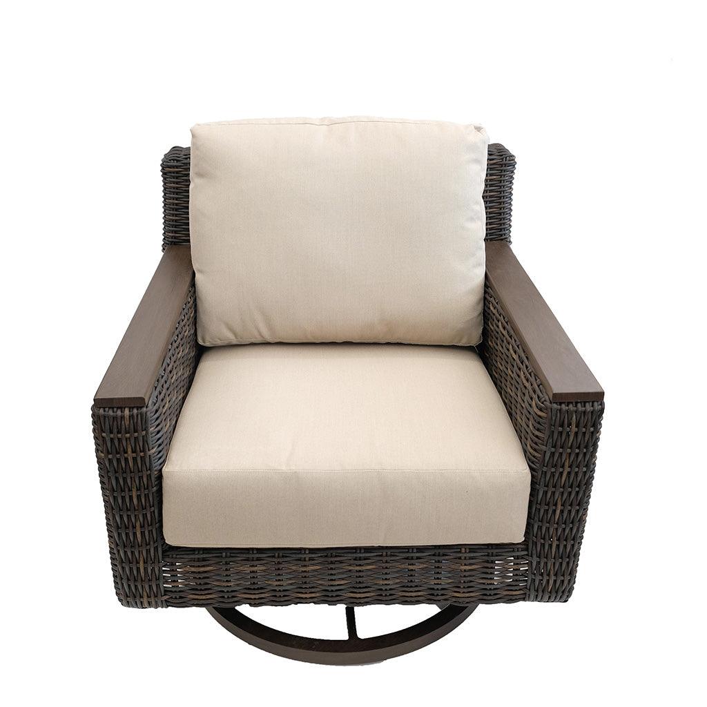 Made with an aluminum frame and resin wicker, roasted pecan colours, the Beno Swivel chair is made to last year over year. With Hemingway Papyrus cushions, woven, and custom-made, they offer stunning contrast. Measures 31.3in H x 32.1 W x 34.8in D. 