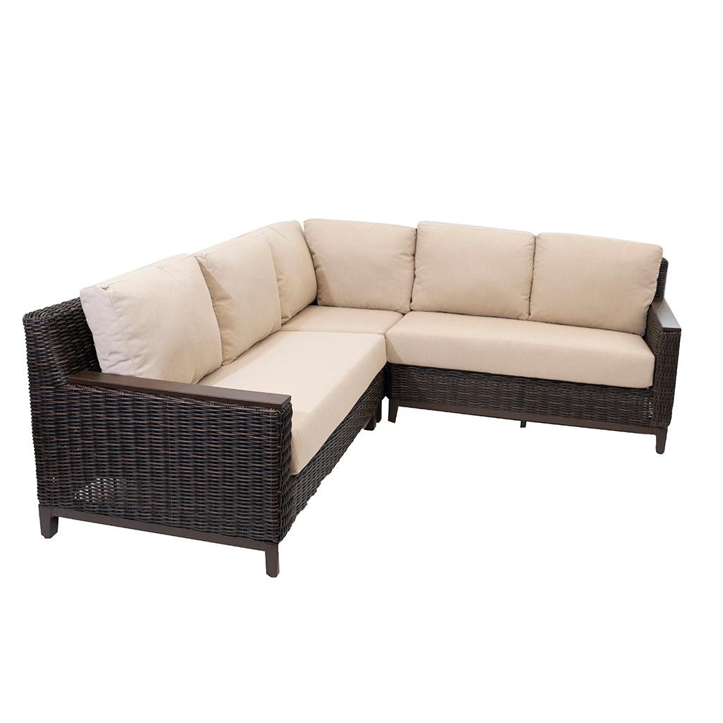 With an aluminum frame and resin wicker roasted pecan colours, this sectional is made to last year over year. Contrasting, custom-made, woven cushions add stunning contrast.  Left arm sectional- 31.3in H x 52.6in W x 34.8in D  Right arm sectional- 31.3in H x 52.6in W x 34.8in D  Corner piece- 31.3in H x 24.4in W x 34.8in D