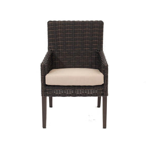 With deep roasted pecan colours and a contrasting, woven beige cushion, this chair provides maximum comfort in any outdoor living area. With an aluminum frame and resin wicker material, this chair lasts year over year. Measures 36.2in H x 23.6in W x 25.4in D. 