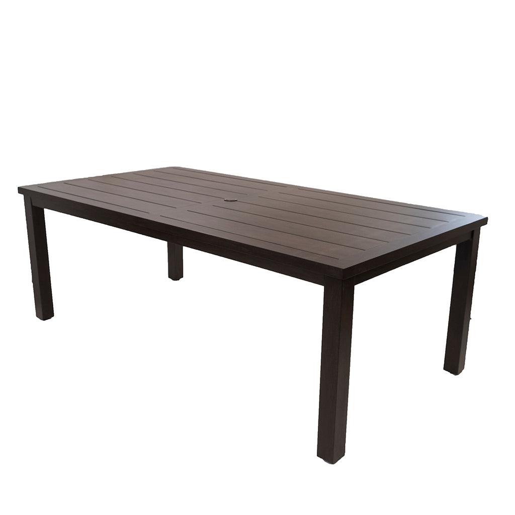 With a durable aluminum frame in Roasted Pecan, this table is made to last. With elegant deep chocolate brown colours this table is easy to care for adds a stunning focal point to any outdoor living space. Measures 44in W x 84in L.