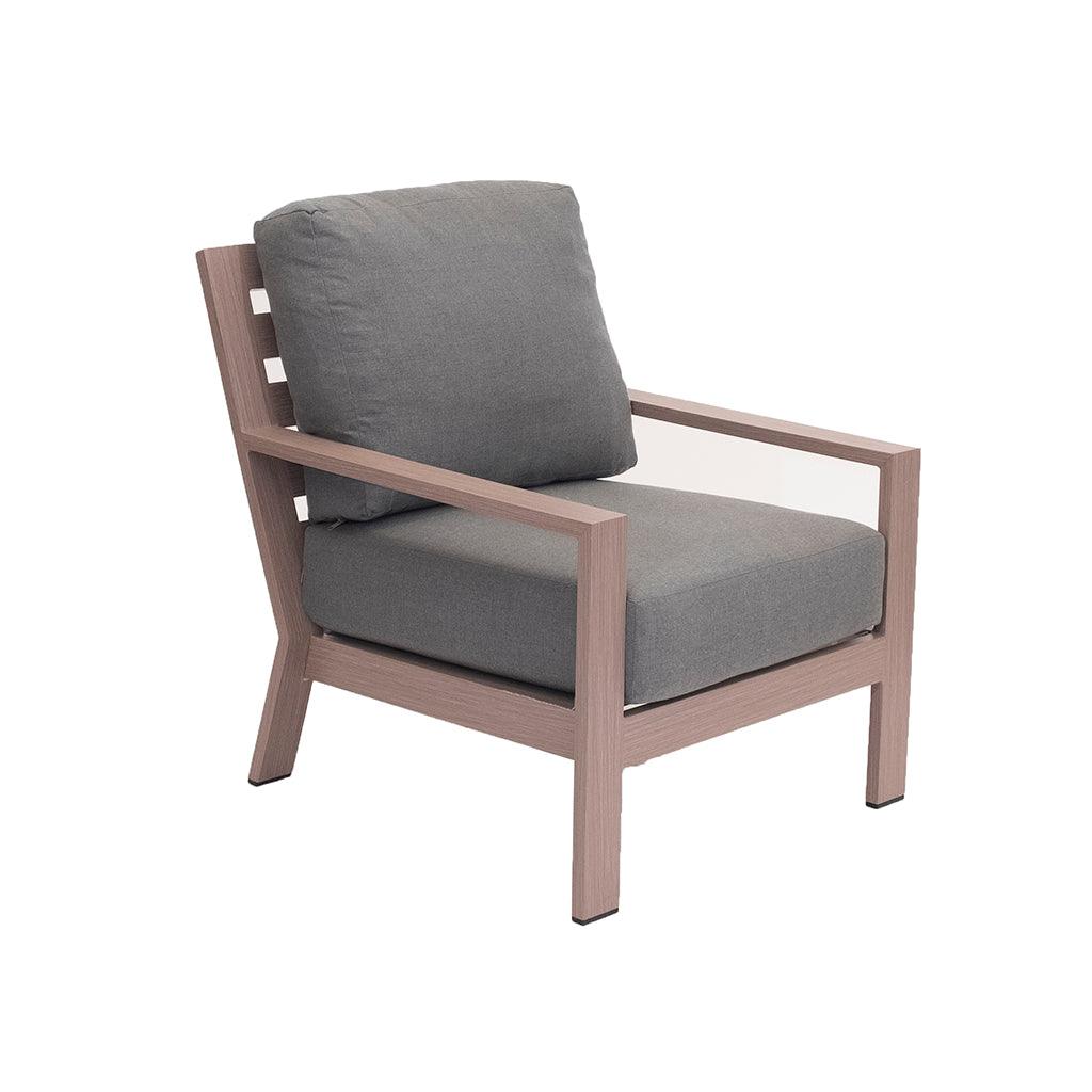 Designed with comfort in mind, this aluminum framed chair offers incredibly durability to last year over year. Custom-made cushions with light grey woven colours add further accents. Easy to clean and care for, it measures 35.1in H x 30.9in x 37in D. 