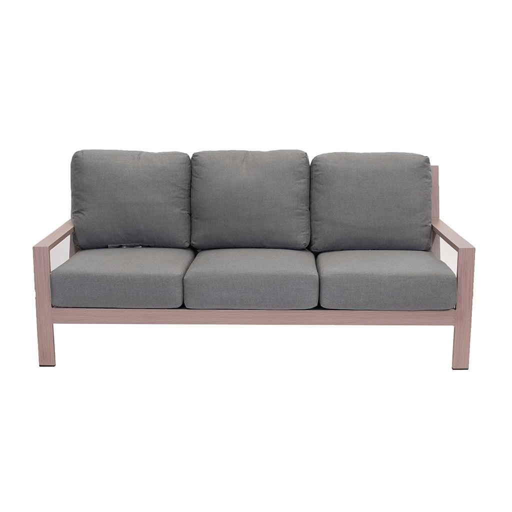 With a durable aluminum frame in a driftwood colour, this sofa was designed with comfort and longevity in mind. Cushions are reinforced with Velcro attachments to secure the custom-made accents. Measures 35.1in H x 61.9in W x 37in D. 