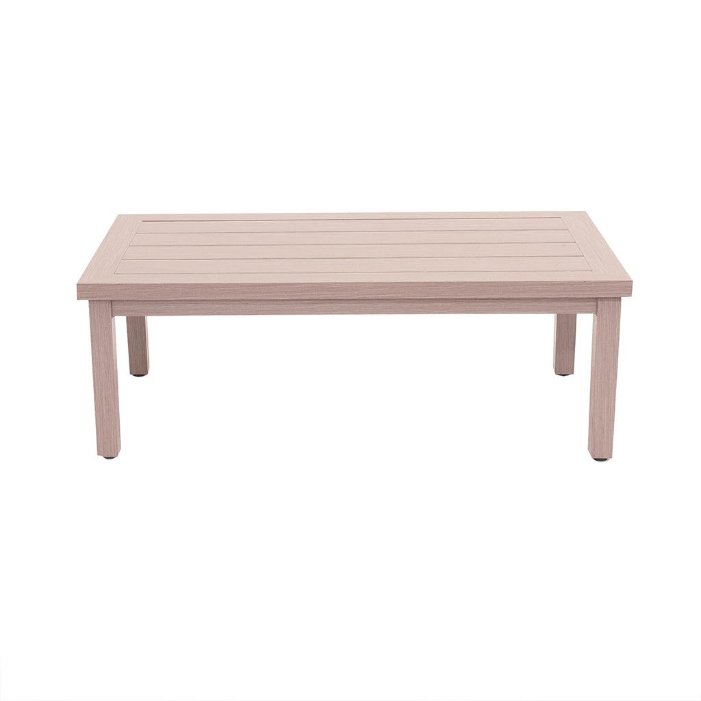Add additional serving space with the Avery Collection Coffee Table. Crafted with an aluminum frame in a driftwood colour, this coffee table is a natural addition to any outdoor space. Measures 25in x 46in. 