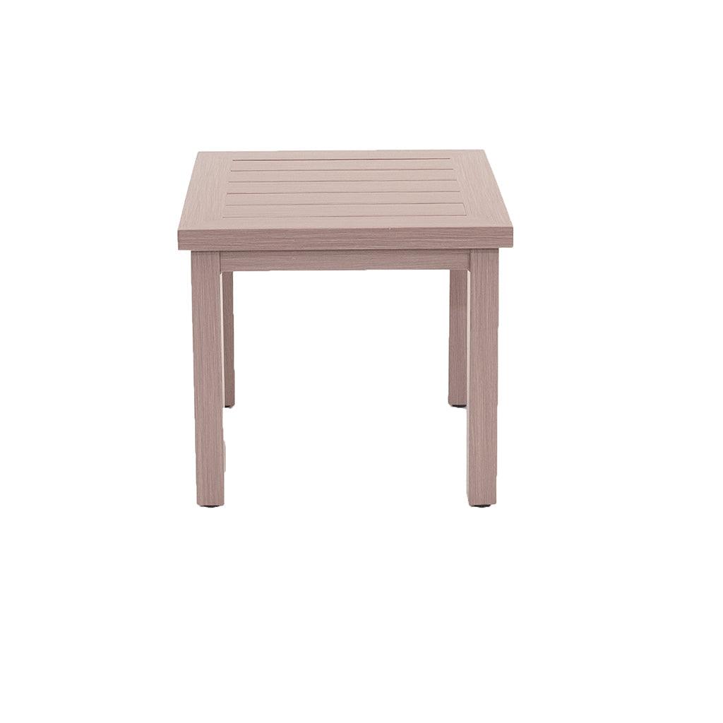Crafted with durability in mind, this aluminum frame end table is the ideal additional serving space any outdoor living space. Styled with a driftwood colour, this table is easy-to-clean and measures 22in x 22in. 