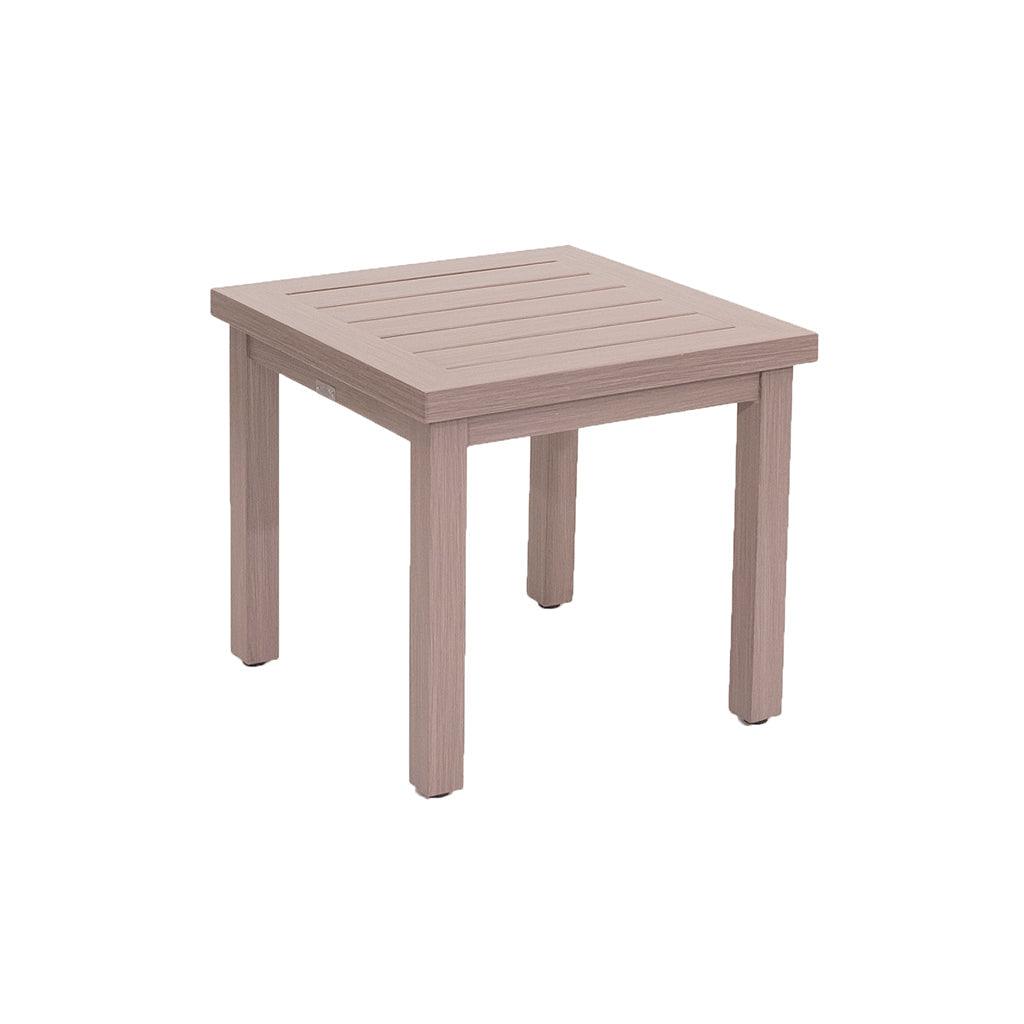 Crafted with durability in mind, this aluminum frame end table is the ideal additional serving space any outdoor living space. Styled with a driftwood colour, this table is easy-to-clean and measures 22in x 22in. 