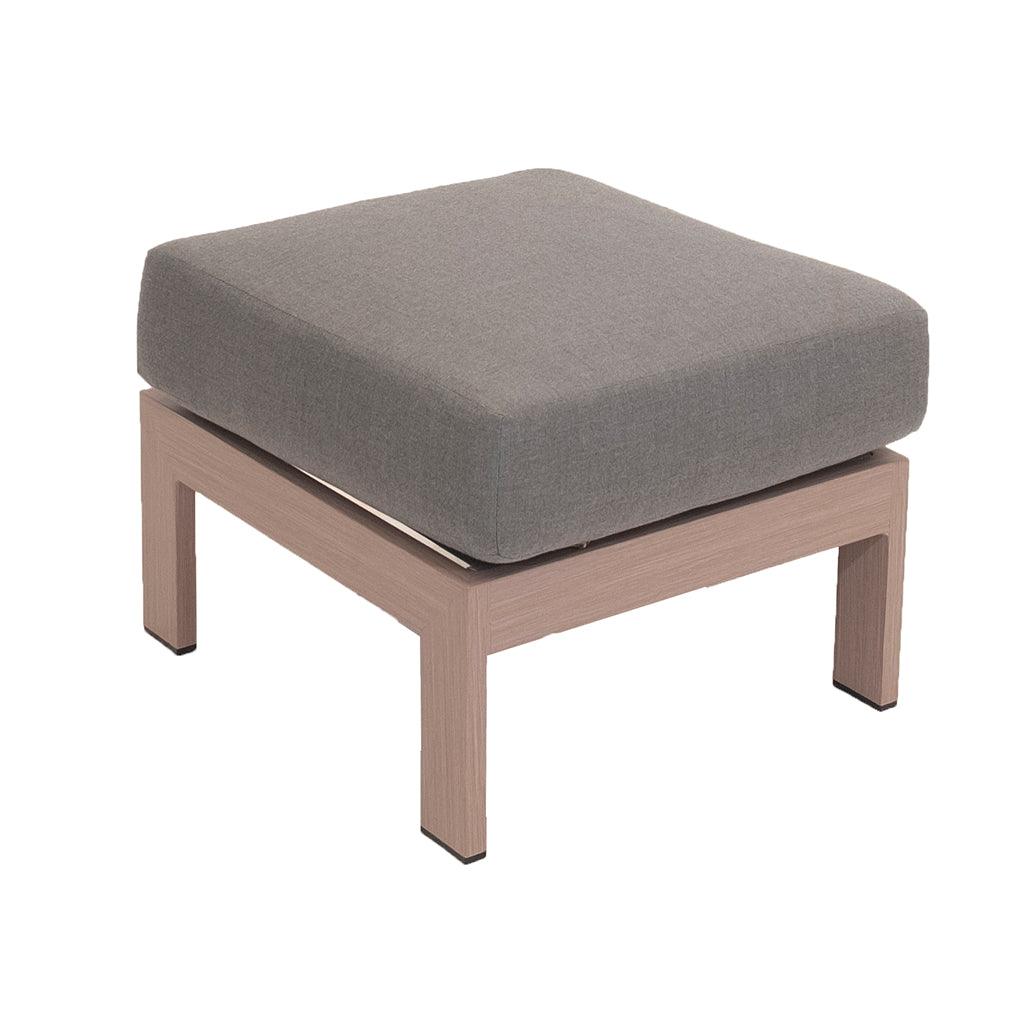 With an aluminum frame, coloured as driftwood, this ottoman is an idea addition to the Avery Collection chair. With structured, custom-made, cushions, this ottoman provides comfort and beauty. Measures 11.1in H x 34in W x 22in D. 