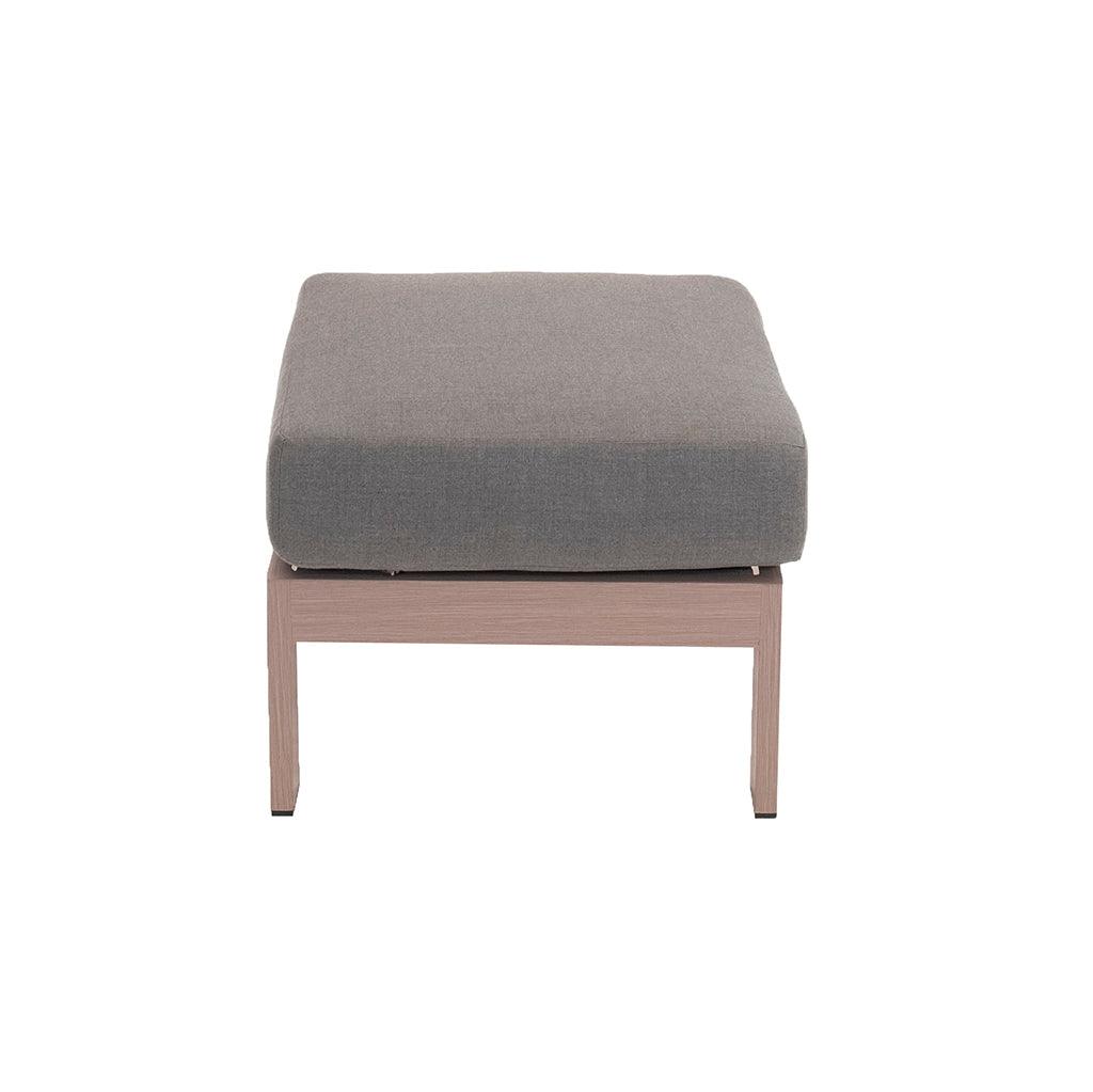 With an aluminum frame, coloured as driftwood, this ottoman is an idea addition to the Avery Collection chair. With structured, custom-made, cushions, this ottoman provides comfort and beauty. Measures 11.1in H x 34in W x 22in D. 