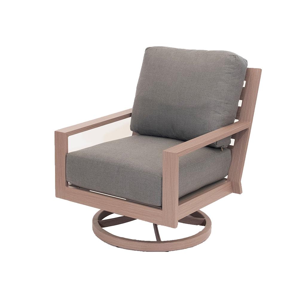 Add movement into your outdoor living with the Avery Collection swivel rocker. With its aluminum frame and driftwood colour, this chair is the perfect addition to outdoor seating. Measures 35.3in H x 30.9in W x 37in D. 