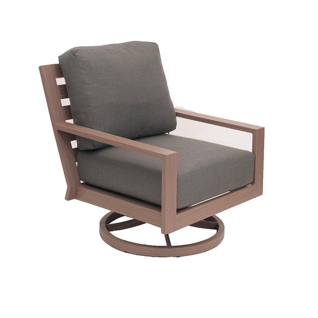 Add movement into your outdoor living with the Avery Collection swivel rocker. With its aluminum frame and driftwood colour, this chair is the perfect addition to outdoor seating. Measures 35.3in H x 30.9in W x 37in D. 
