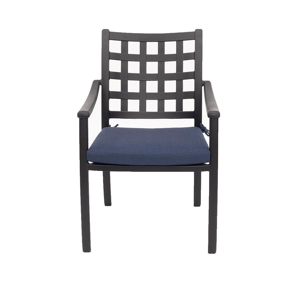 The Stratford collection is the perfect addition to your outdoor living space. Designed with durability in mind to last year over year, this crafted collection is both comfortable and versatile.  The Stratford Dining Chair Black/Indigo is the perfect combination of style and comfort. The cast aluminum frame in black and indigo cushions provide effortless comfortable seating. Experience superior comfort in a modern design measuring 24in W x 19in D x 16.5in H.