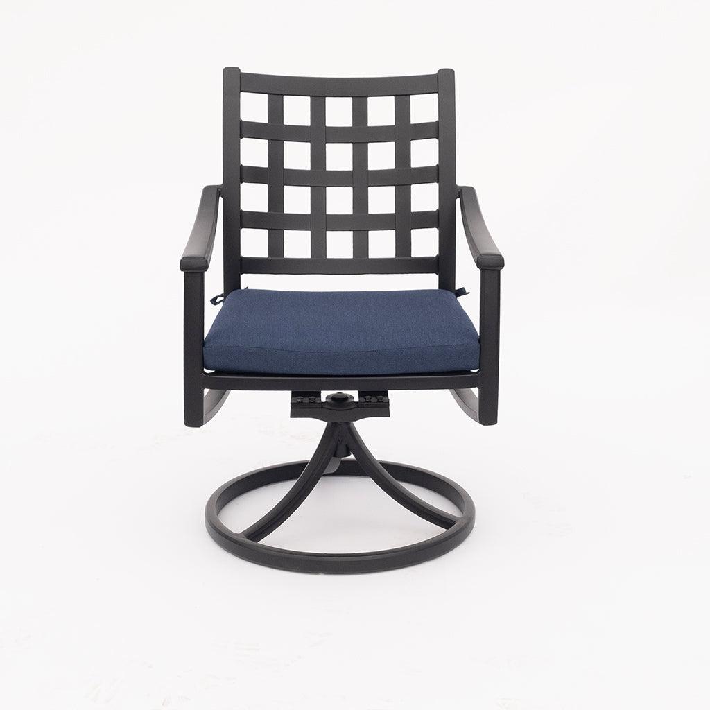 The Stratford collection is the perfect addition to your outdoor living space. Designed with durability in mind to last year over year, this crafted collection is both comfortable and versatile.  The Stratford Swivel Rocker Dining Chair features a cast aluminum frame in black and cushions in indigo for an appealing look that is sure to impress. With a width of 24in, depth of 19in, and height of 16.5in, the chair is both stylish and comfortable.