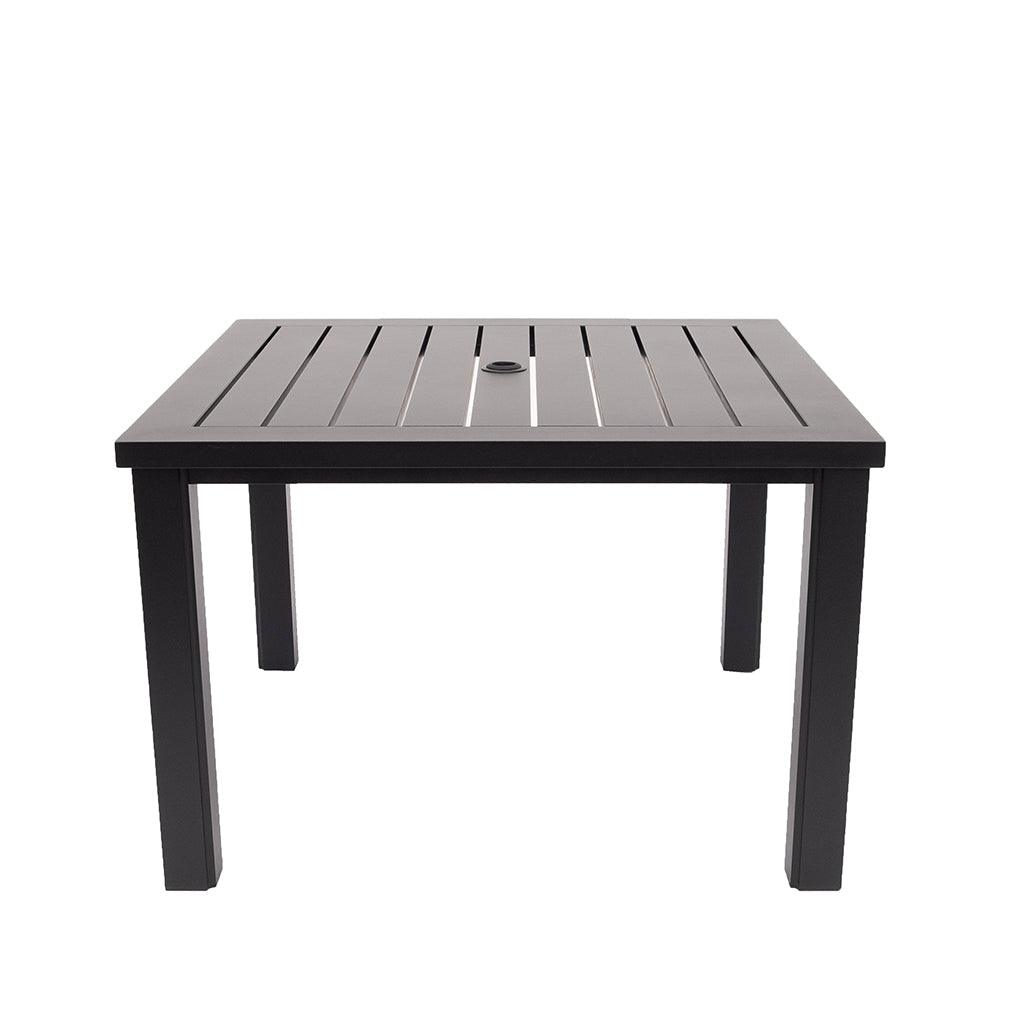 With a durable cast aluminum frame, this Sherwood Square Dining Table offers timeless style. With room for an umbrella insert, this functional dining table, measuring 44in x 44in x 29in, brings a beautiful look to any outdoor dining area. 