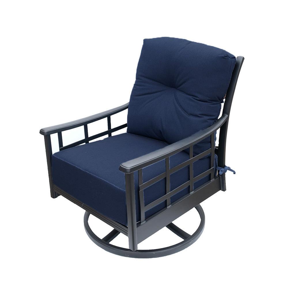 As part of the Stratford Collection, the Stratford Estate Club Swivel Chair adds bold flair to any outdoor space. Constructed of cast aluminum in black, and cushioned in a deep indigo hue, this swivel chair is a statement option that offers both comfort and style. Measuring 27.9in W x 27.5in D x 36.3in H, you can enjoy all the benefits of this eye-catching, stylish seat.