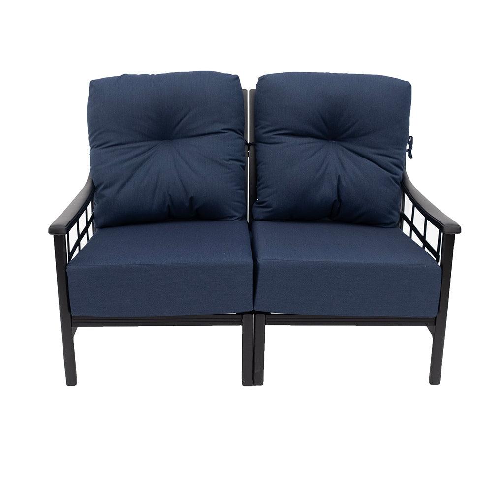 The Stratford collection is the perfect addition to your outdoor living space. Designed with durability in mind to last year over year, this crafted collection is both comfortable and versatile.  As part of the Stratford Collection, relax in style with the Stratford Estate Club Loveseat, featuring durable cast aluminum in black and cushion indigo accents. Its 25.9in W x 27.5in D x 36.3in H dimensions provide the perfect seating experience. Enjoy timeless style and comfort.