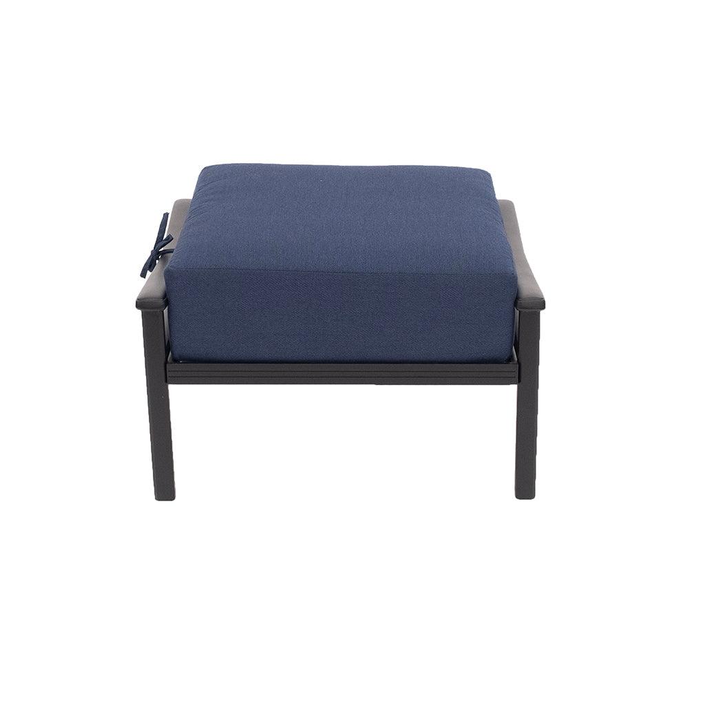 As part of the Stratford Collection, this Stratford Estate Club Ottoman is an elegant addition to your outdoor decor. Crafted from durable cast aluminum, it features a black finish with indigo cushions for a stylish contrast. The 27.6in W x 24.4in D x 10.8in H design gives you extra seating without taking up too much space.