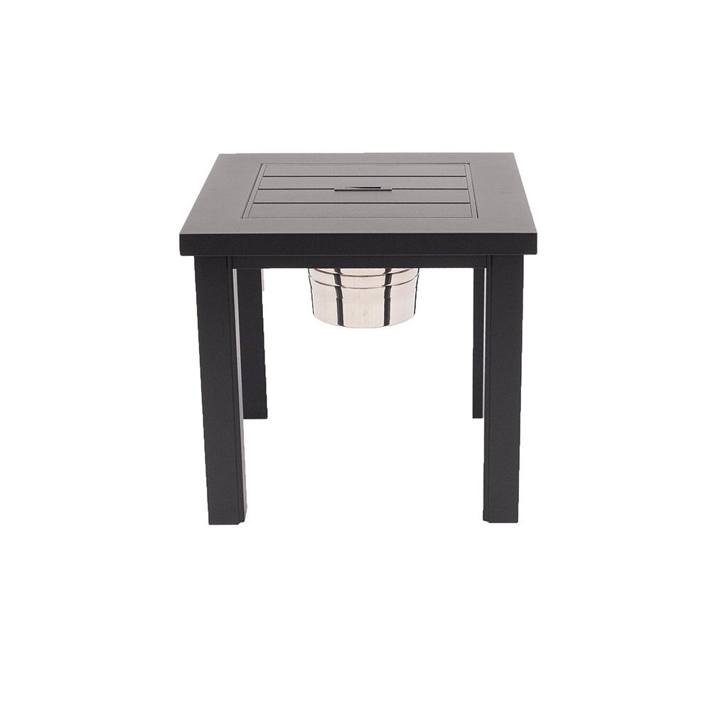 This Sherwood Collection Table is the perfect complement to the Sherwood Collection deep seating options. Crafted in cast aluminum and painted in a sleek black finish, its multifunctional design includes a built-in ice bucket and square 24in x 24in top, making it perfect for entertaining.