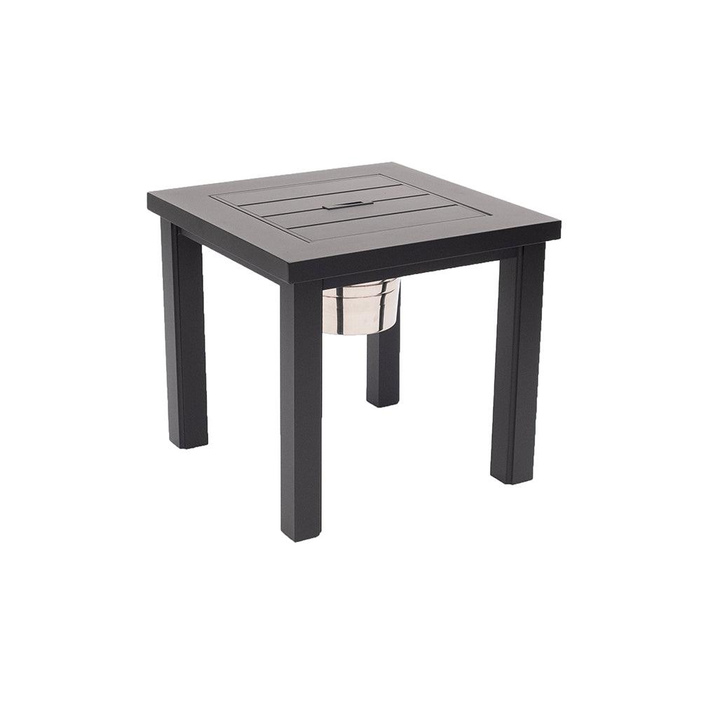 This Sherwood Collection Table is the perfect complement to the Sherwood Collection deep seating options. Crafted in cast aluminum and painted in a sleek black finish, its multifunctional design includes a built-in ice bucket and square 24in x 24in top, making it perfect for entertaining.