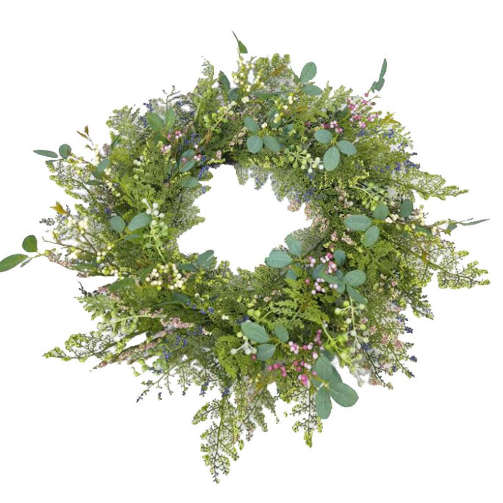 Wreath Fern W/Berries &amp; Leaves 24&quot; Green/Pink/Blue
