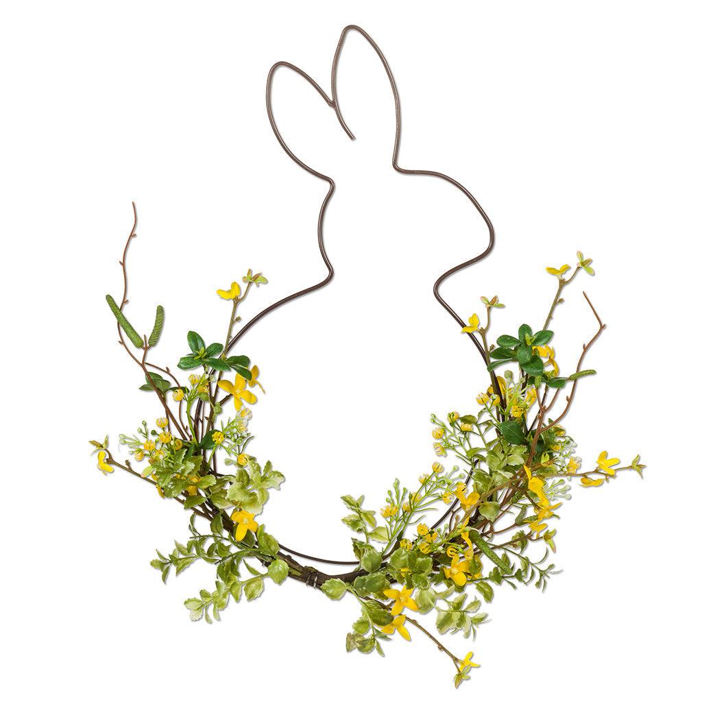 Upgrade your home Spring décor with this beautiful 18 inch wreath featuring Forsythia flowers expertly arranged around a cute wire shaped rabbit! Your guests will love this charming addition to your home, bringing a welcoming and warm touch to any room.