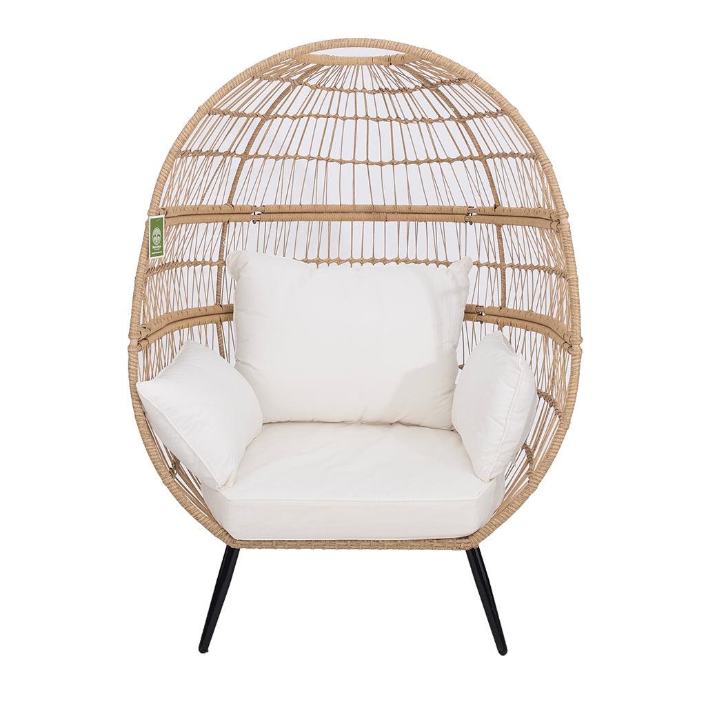 With a natural rattan with a powder coated metal frame, this chair is made for relaxing. Polyester, custom-made cushions in a cream colour add elegance and contrasting to the light frame. Measures 45in W x 39in D x 60in H. 