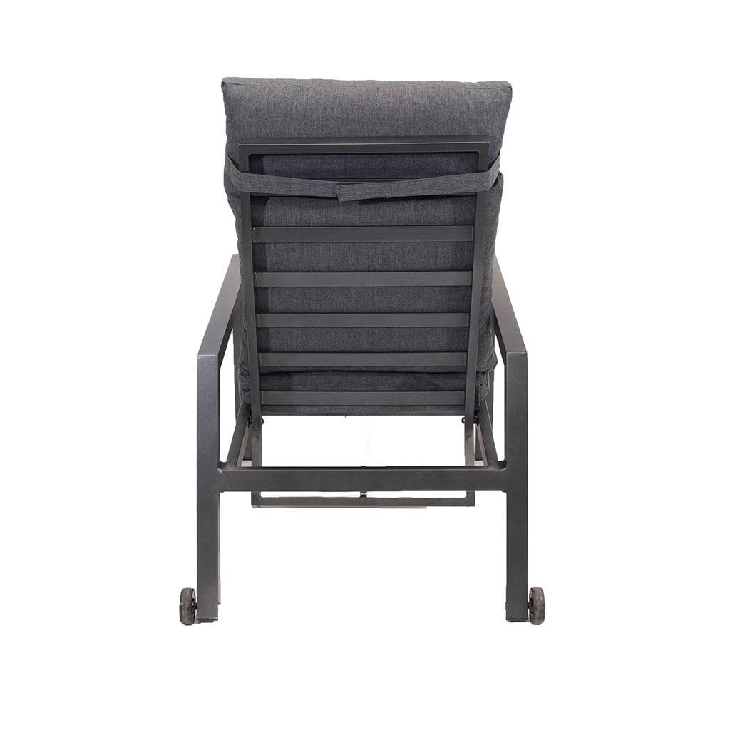Relax in style with the Como Sunlounger. Crafted with an aluminum frame in Grey and contrasting Dark Grey crafted0 cushions, it provides a touch of elegance to any outdoor area. With a convenient push button gas shock and wheels for easy movement, you can lounge anywhere in comfort. Measures 70.8in x 27.2in x 33.8-35in.