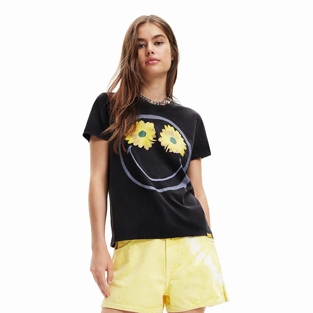 T-Shirt Short Sleeve Smiley w/Flowers Black