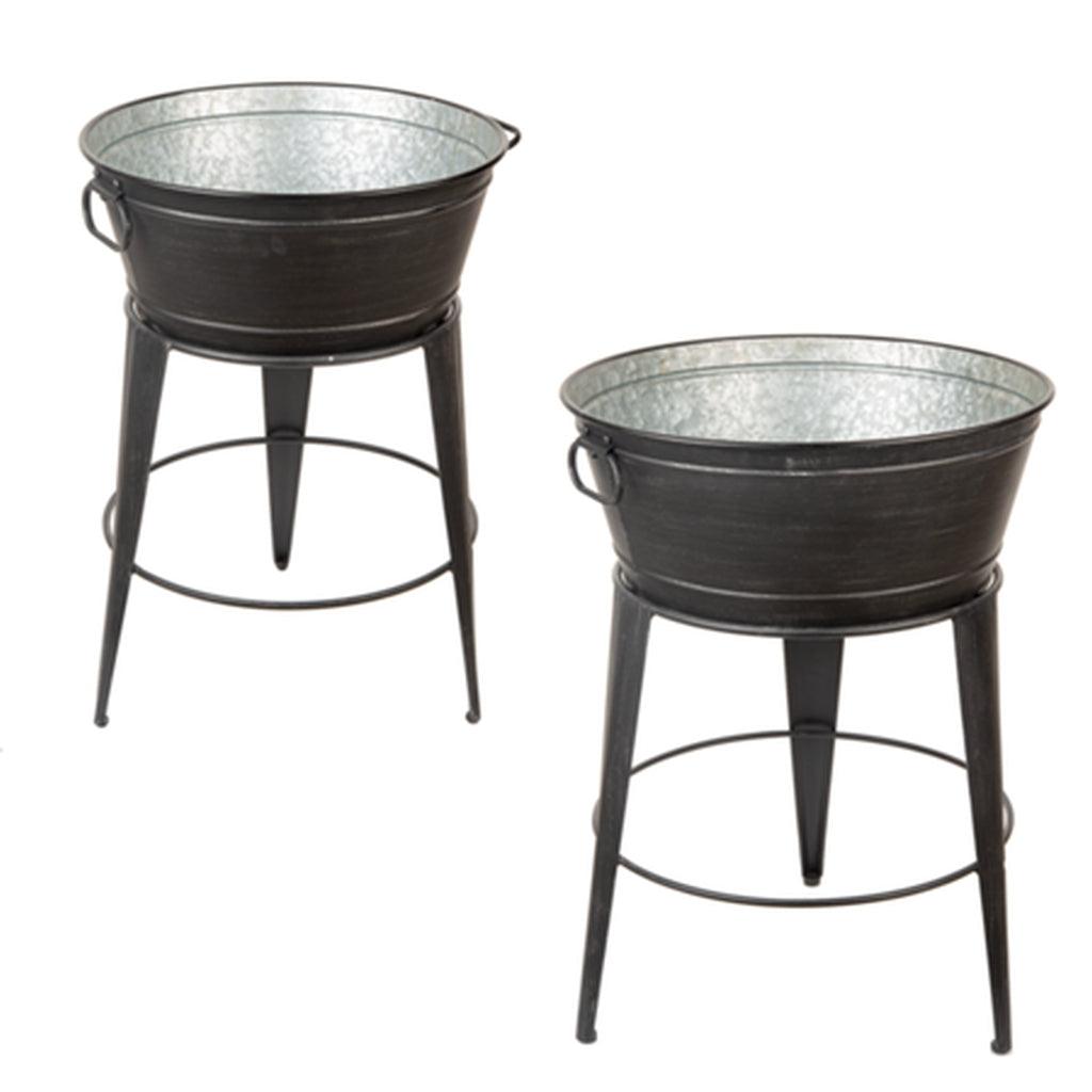 Plant Stand Round Bucket Gunmetal W/Handles