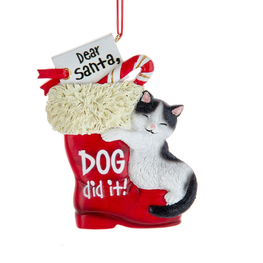 Cat Hugging Santa Boot Ornament 3.8in