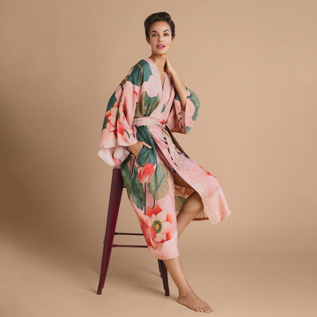 Crane At Sunrise Kimono Gown - Petal