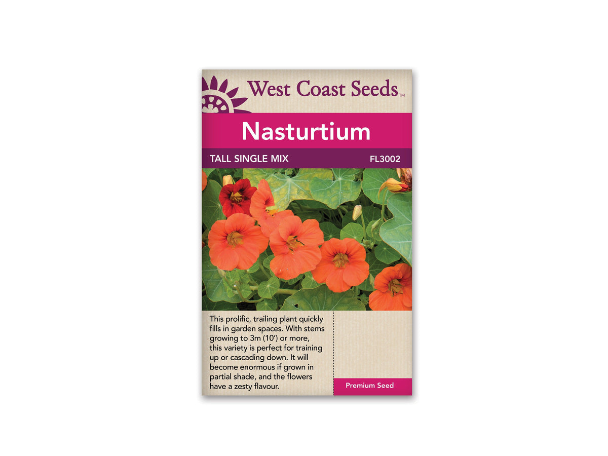 Add cheer to your garden with Nasturtiums Tall Single Mix. These lively, trailing plants thrive in sun or shade, and can reach a height of 3m. They&#39;re perfect for filling gaps in fences, archways, and gardens, and they provide a stunning burst of color that will entice you and your guests. Enjoy the cheerful blossoms of Nasturtiums Tall Single Mix this season.