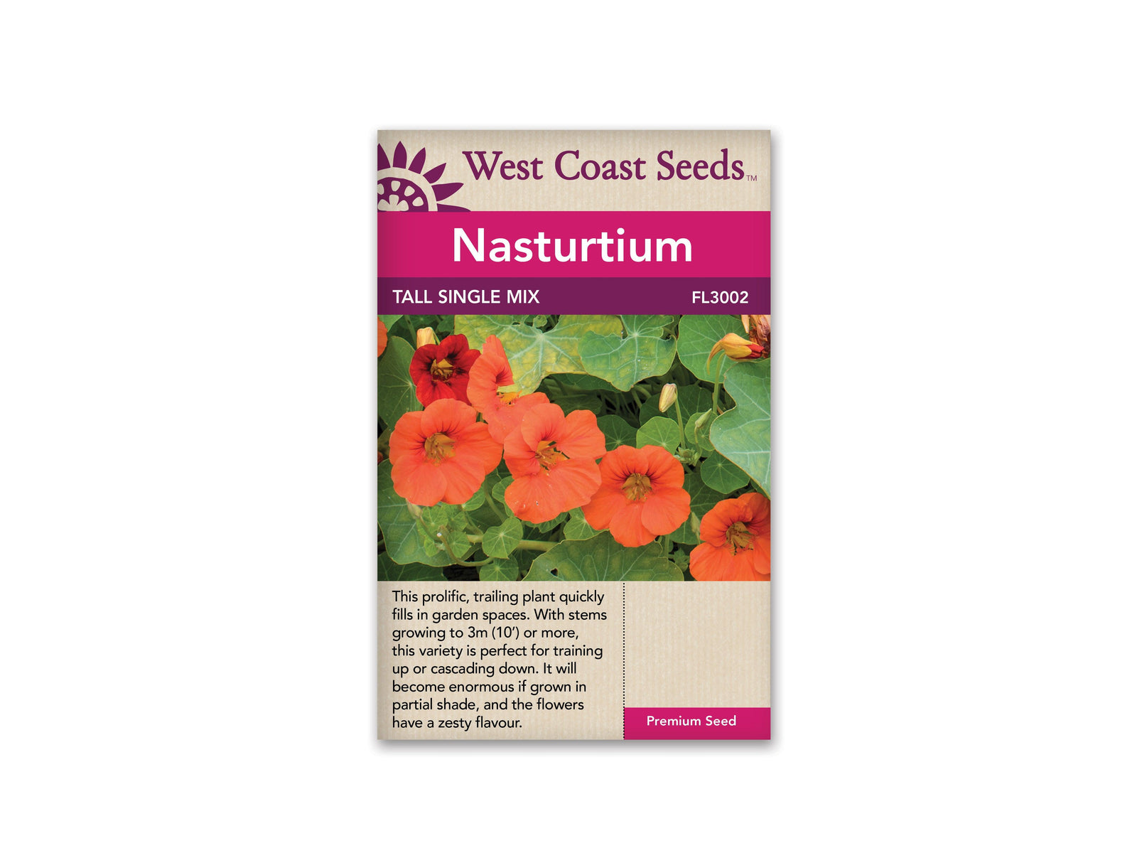Add cheer to your garden with Nasturtiums Tall Single Mix. These lively, trailing plants thrive in sun or shade, and can reach a height of 3m. They're perfect for filling gaps in fences, archways, and gardens, and they provide a stunning burst of color that will entice you and your guests. Enjoy the cheerful blossoms of Nasturtiums Tall Single Mix this season.
