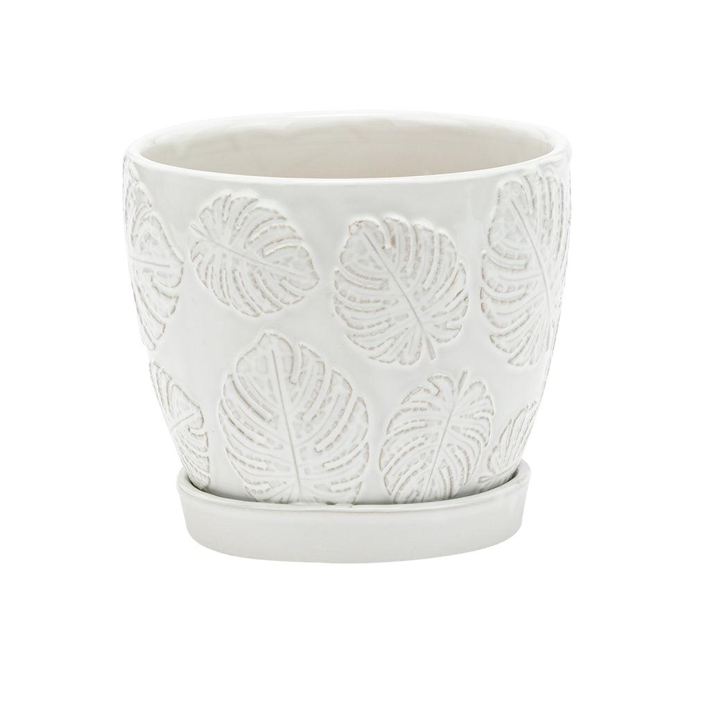 White Monstera Pot with Saucer
