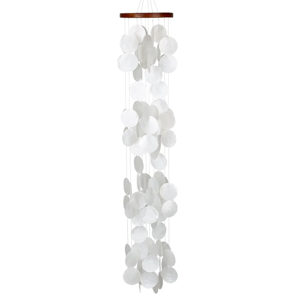 Create a tranquil outdoor space with the mesmerizing sounds of this beautiful chime. Made with durable wood and 100 white capiz, this 40" chime will bring sophistication to your garden.