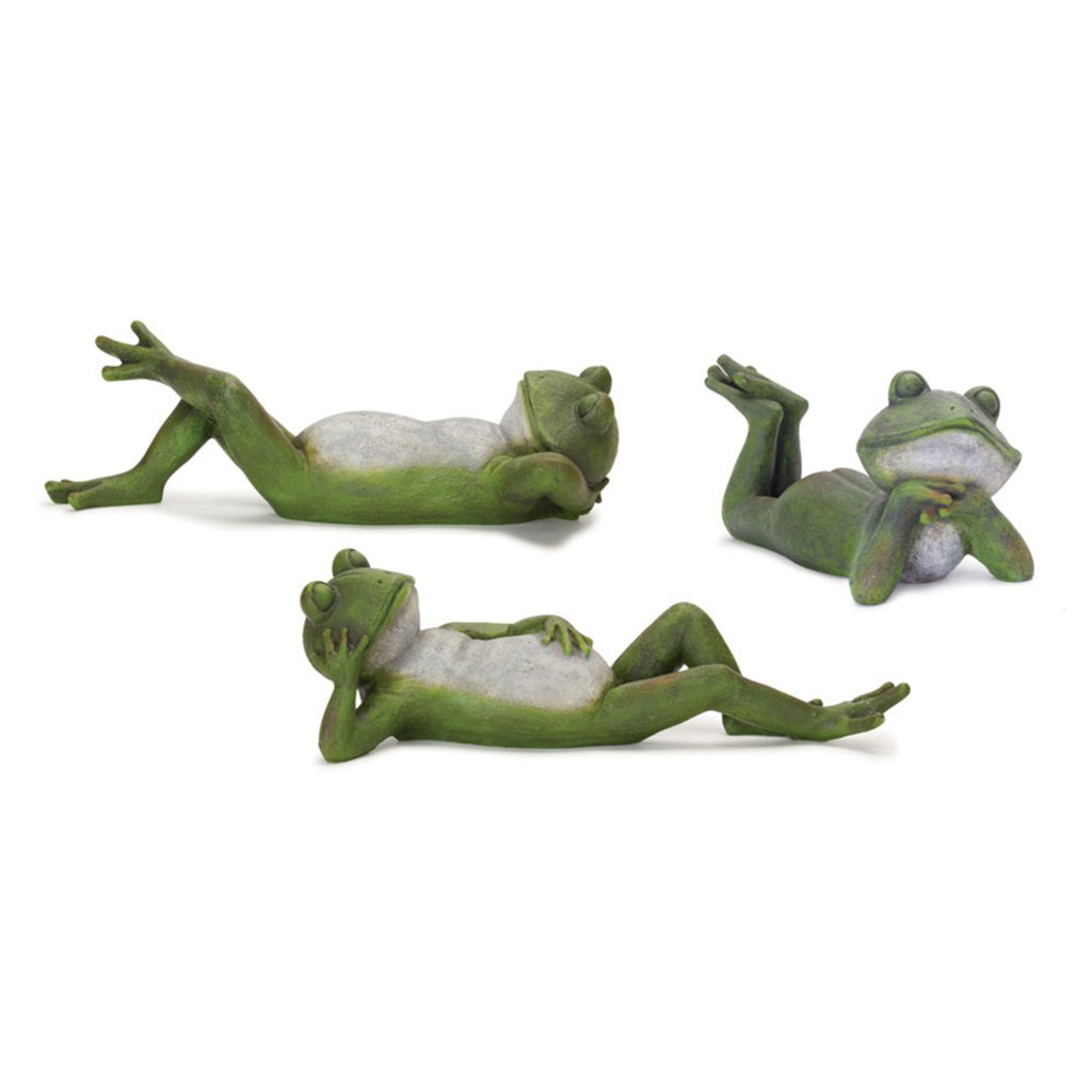 Indulge in the unique daydreams of each frog as you admire their textured and weathered appearance. With the illusion of a timeworn finish sculpted by the elements, these resin frogs measure 14.75"L x 4.25"H.