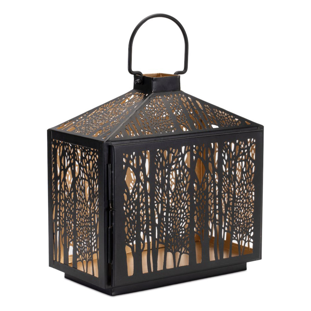 The Tree Cutout Lantern is designed with a height of 11.5 inches and length of 16 inches, making it a convenient size for any room or outdoor setting. Made of durable iron, this lantern will provide a warm and inviting touch wherever it's placed.