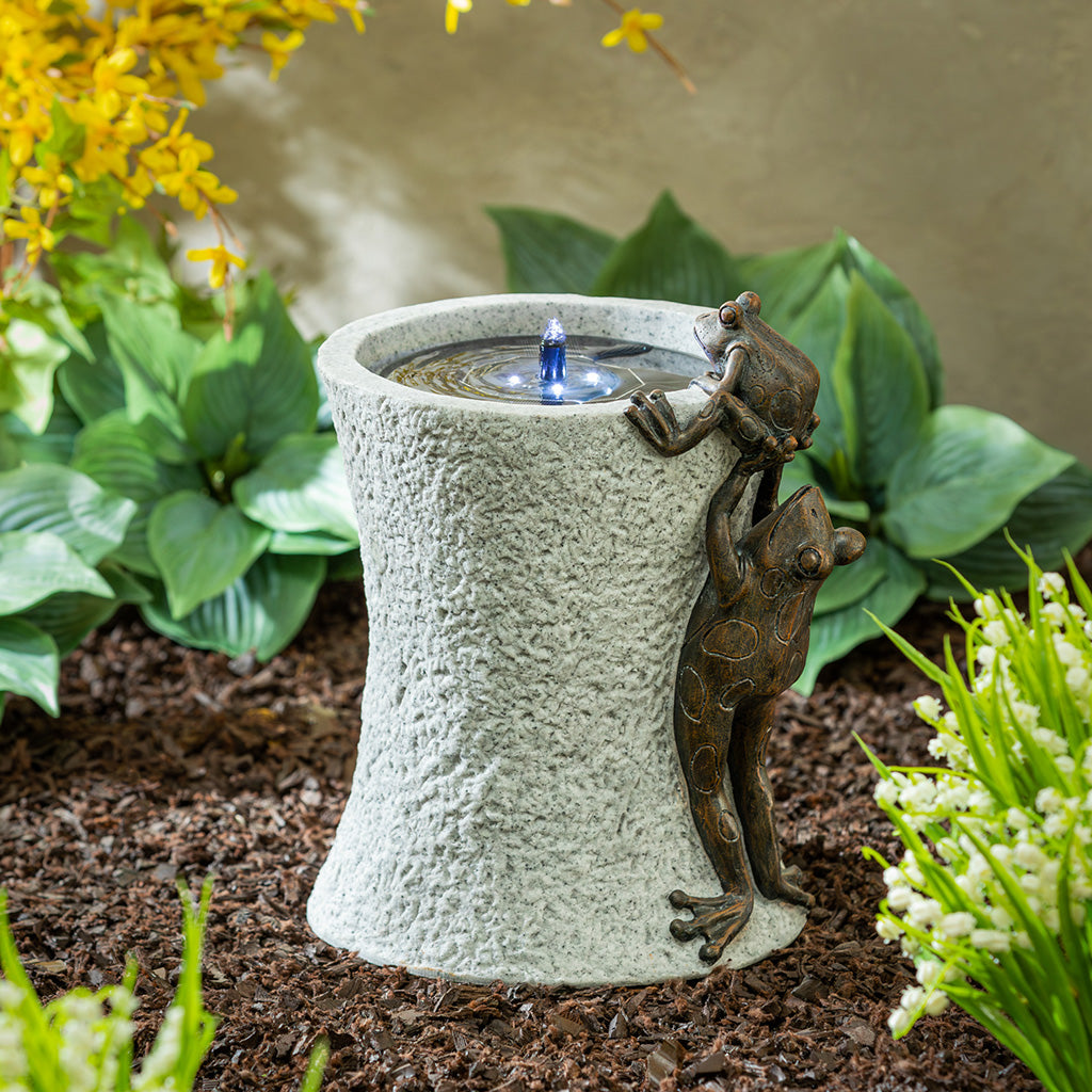 Keep your outdoor space pleasantly serene with this charming solar fountain. No need to worry about batteries, as it comes with one already included. At a size of 9.6&quot;W x 11.3&quot;L x 13&quot;H, it&#39;s the perfect addition to any garden or patio.