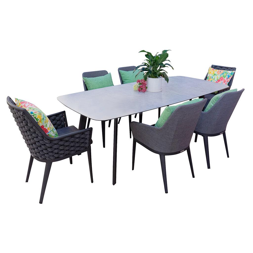 Bring family and friends together with the Bella 7 Piece Sling Dining Set. It comes complete with two comfortable rope woven dining arm chairs, four sling dining arm chairs, and a rectangular table with a ceramic glass top, easily seating up to seven. 