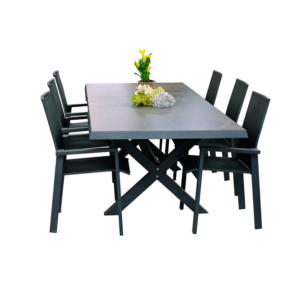 Finished with a stunning ceramic glass table top, this fine dining set adds a modern touch to any outdoor living space. With a sturdy X frame and sleek simple dinning chairs, this set is made to last year over year. Table measures 79in in length.