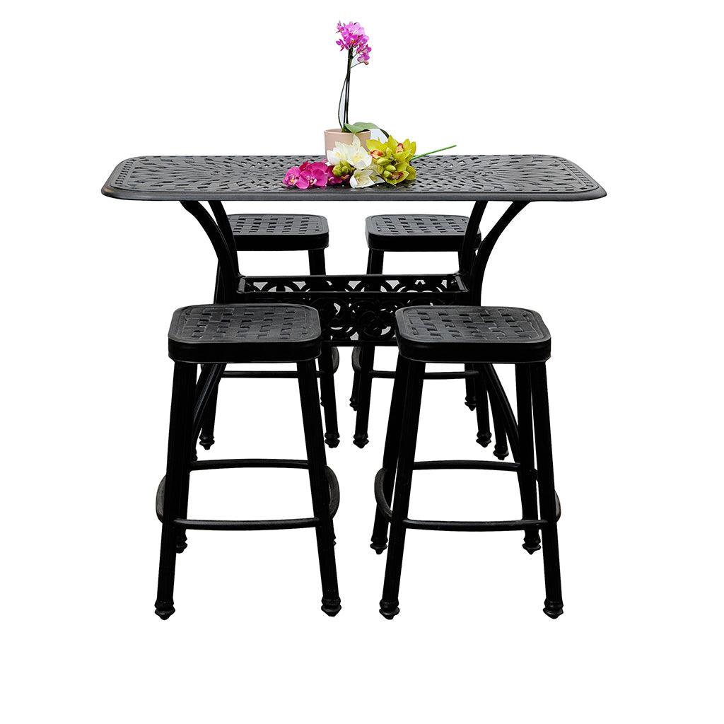 Add elegance and a durable eating area with the Ballerina 5 Piece set. With a glossy black finish and interwinding designs this sophisticated set is perfect for elegant outdoor living. The 52in table is long enough to seat two to four people. 