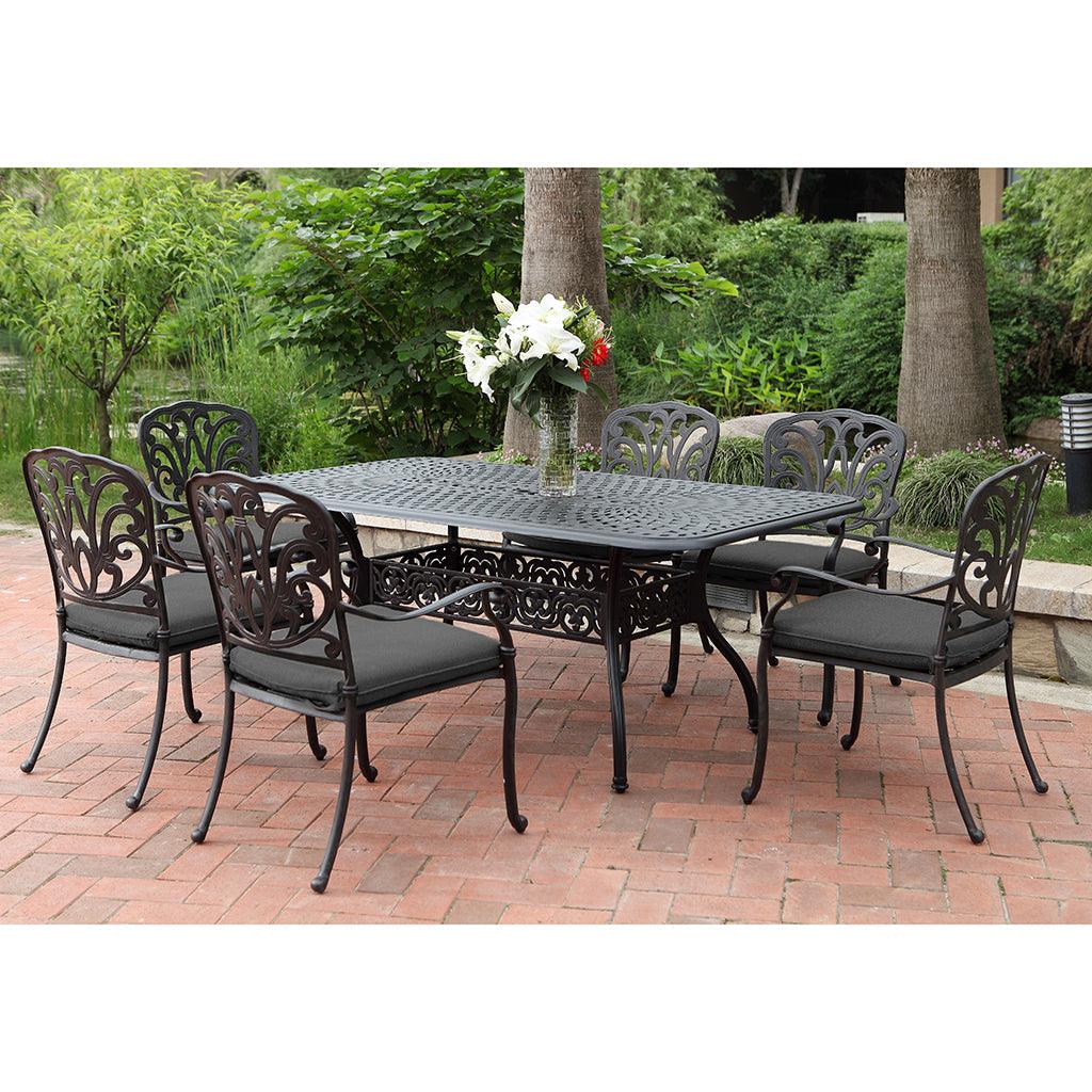With stunning interwinding designs, this seven-piece set adds outdoor beauty with a glossy bronze finish. Seating six people, gather everyone around to enjoy your outdoor living. 